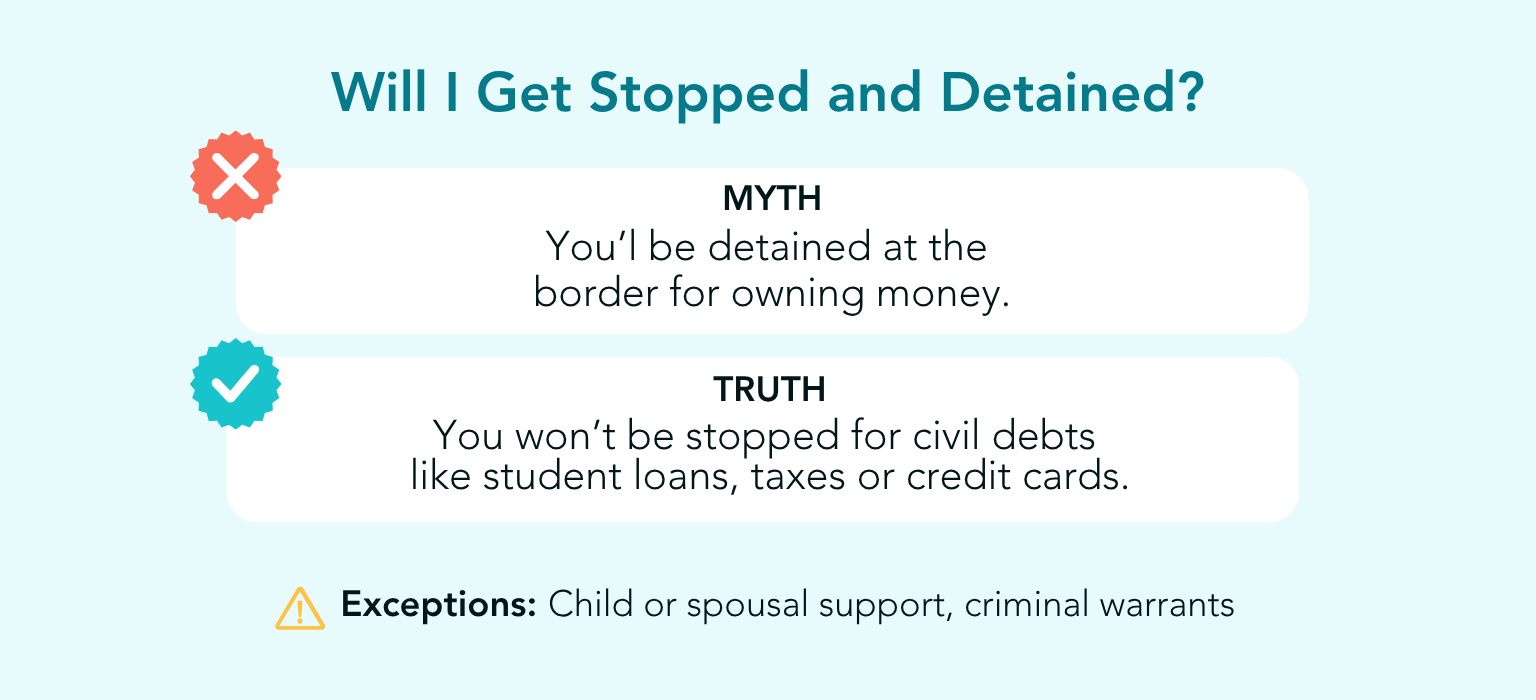 Text debunking the myth that people are detained at the border for owing civil debts.