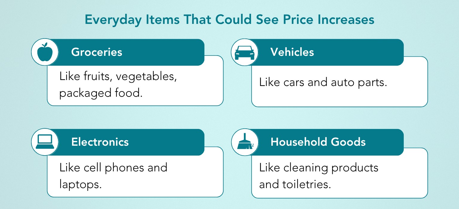 Infographic listing groceries, vehicles, electronics, and household goods as items that could see price increases.