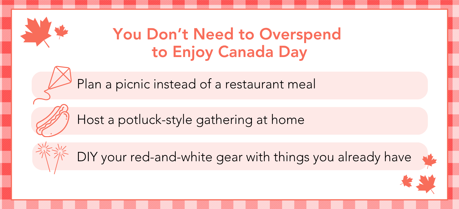 Graphic with maple leaf icons and a red checkered border listing budget-friendly Canada Day tips like planning a picnic, hosting a potluck, and DIY red-and-white gear.