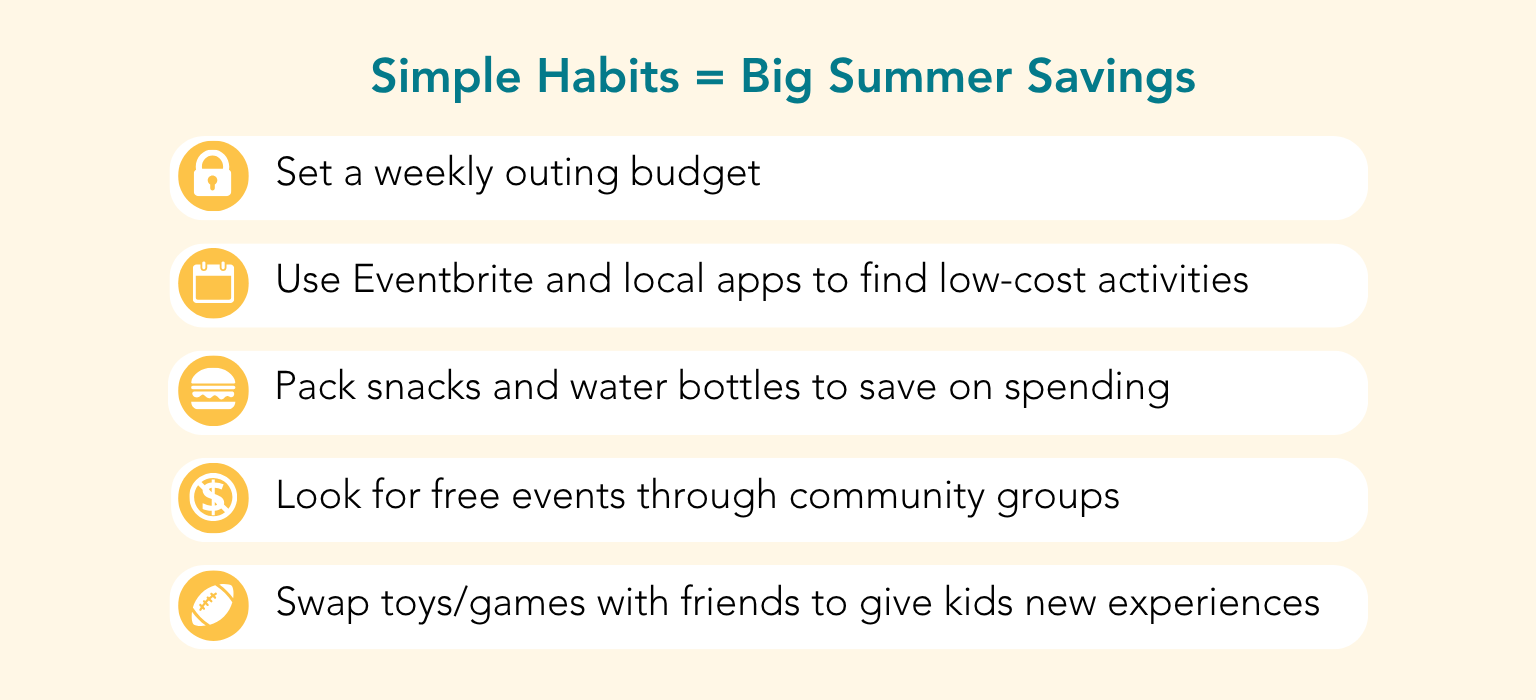 Infographic titled “Simple Habits = Big Summer Savings” listing five budget-friendly summer tips.